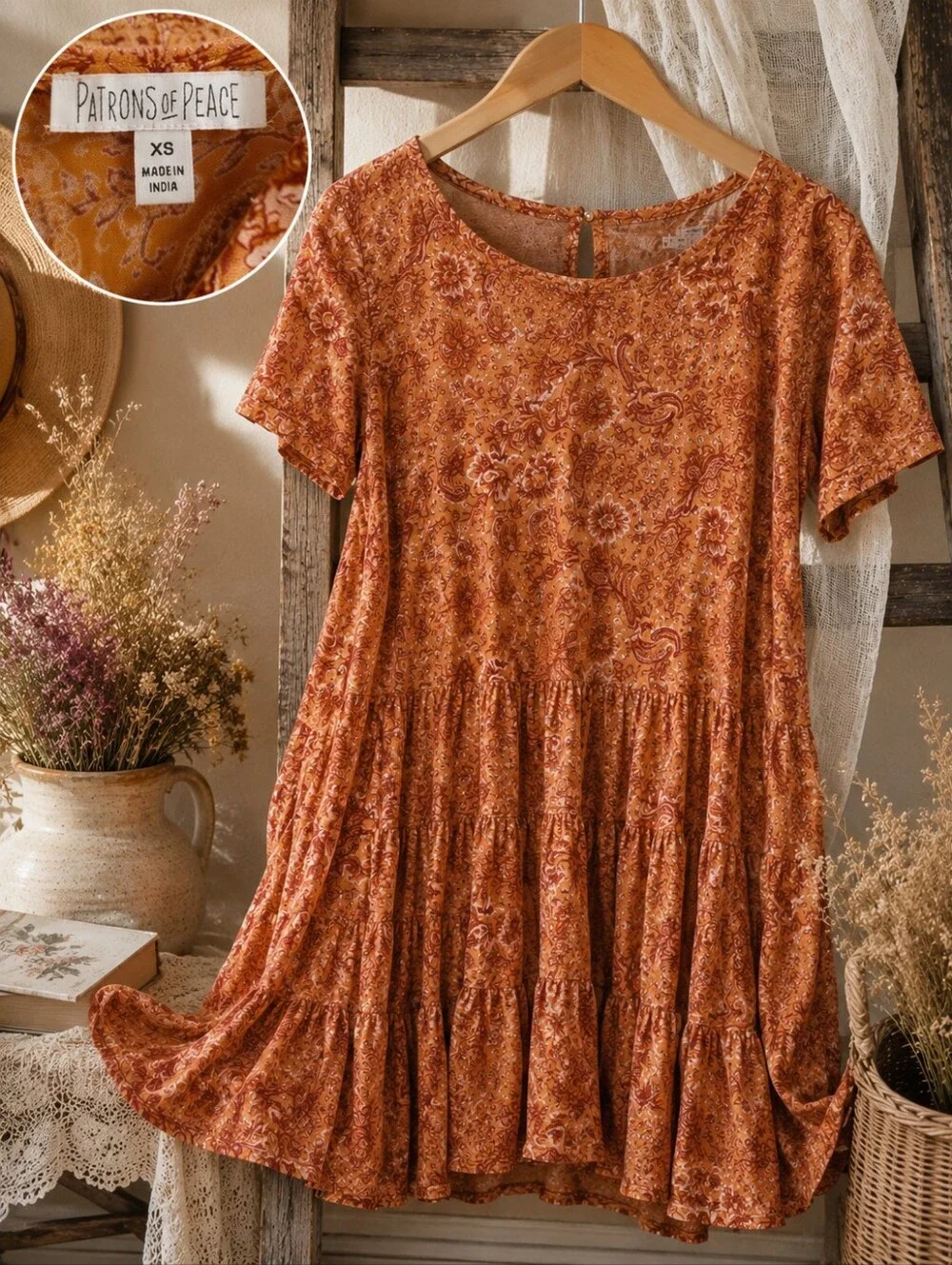 Patrons of Peace Rust Paisley Tiered Short Sleeve Dress